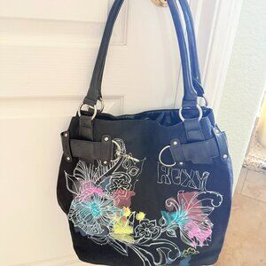 Roxy Black Canvas Tote With Painted Florals